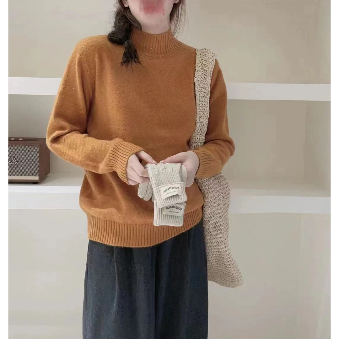 花花/3337-半高领套头浣熊纯色亮片针织衫加厚打底毛衣