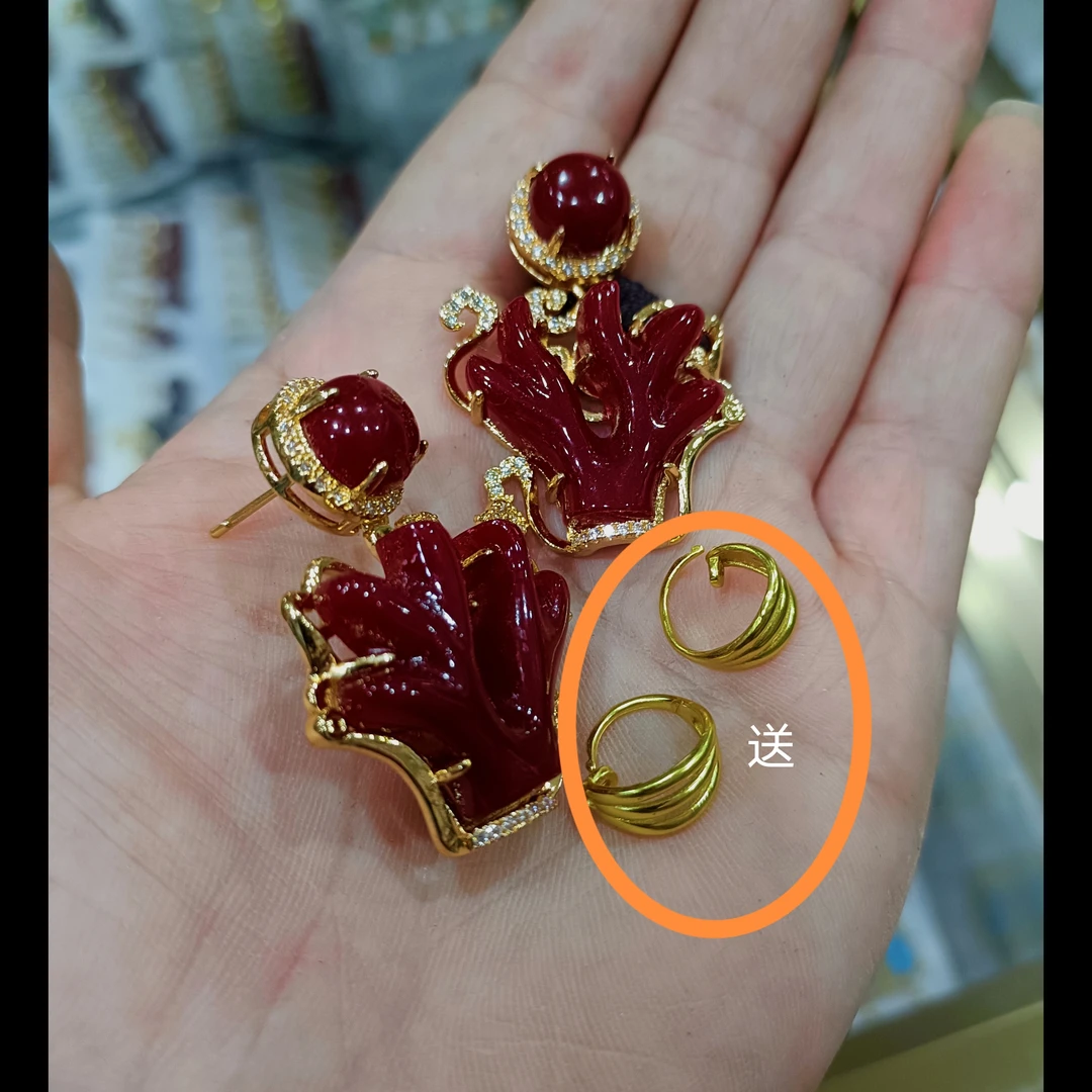 铜合金亚克力耳饰 女随型民族风耳环饰品国风气质红色耳饰