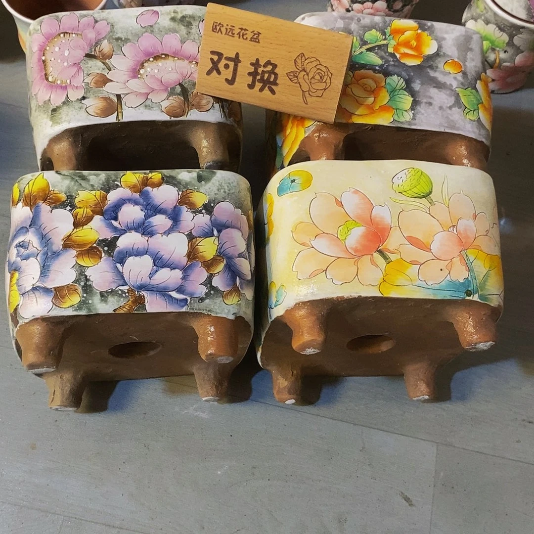 不***言紫砂花盆红陶手绘花盆