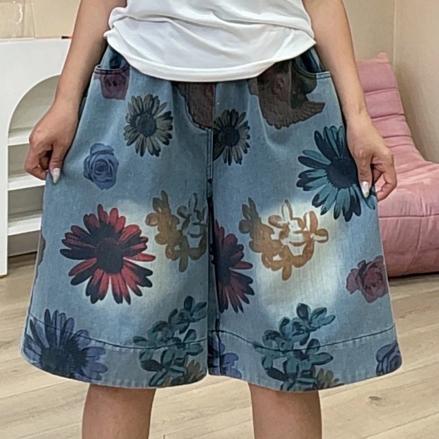 728彩色大花牛仔短裤六分