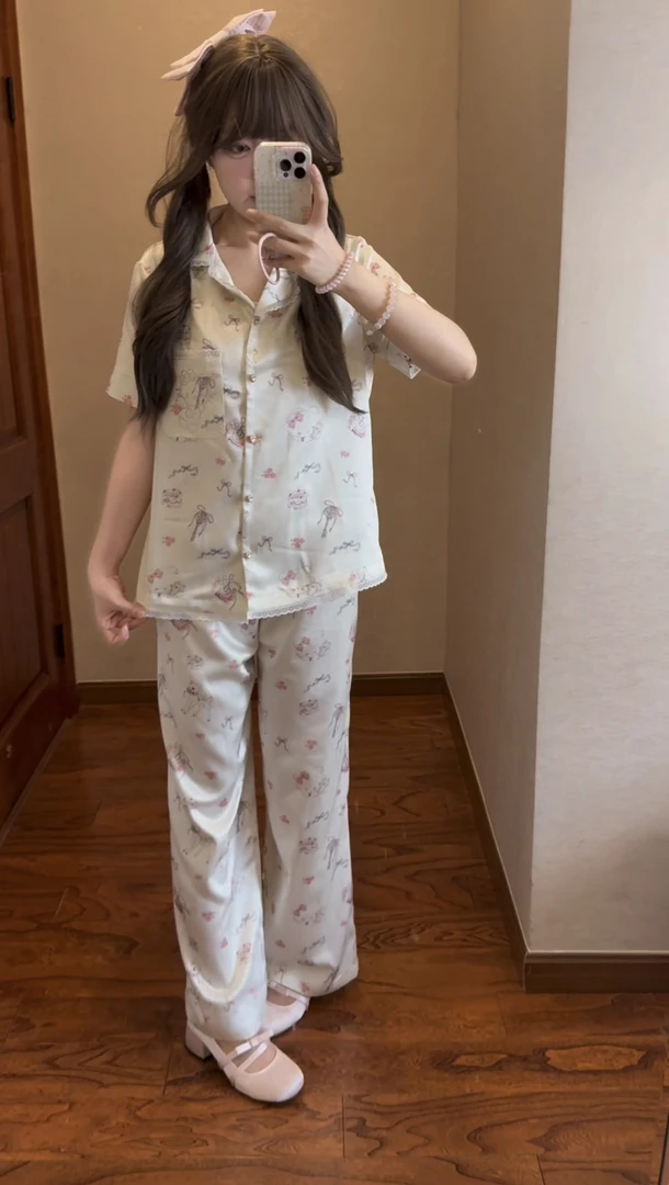 水钻 珍珠贝壳光感醋酸丝滑冰凉感睡衣套装女