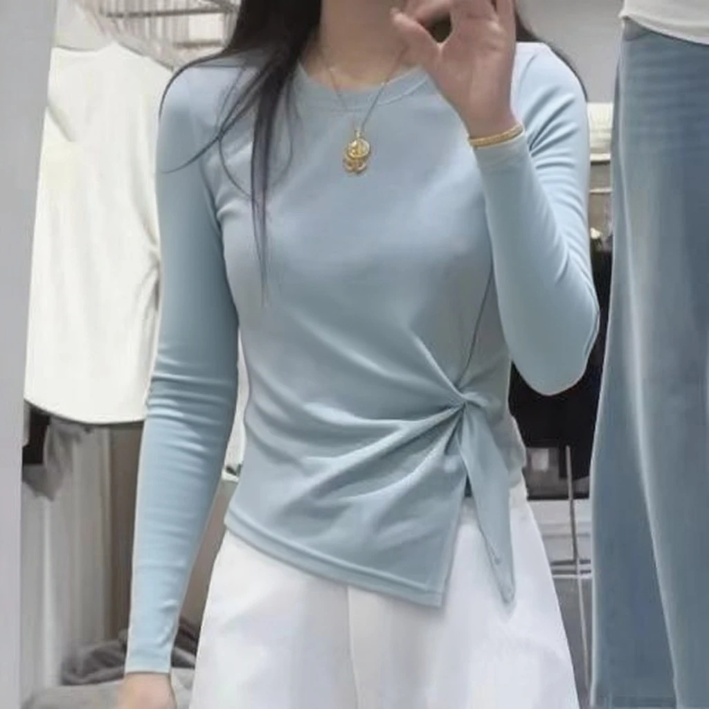 秋冬季新款长袖抽褶慵懒风T恤女2025修身显瘦纯色百搭时尚上衣
