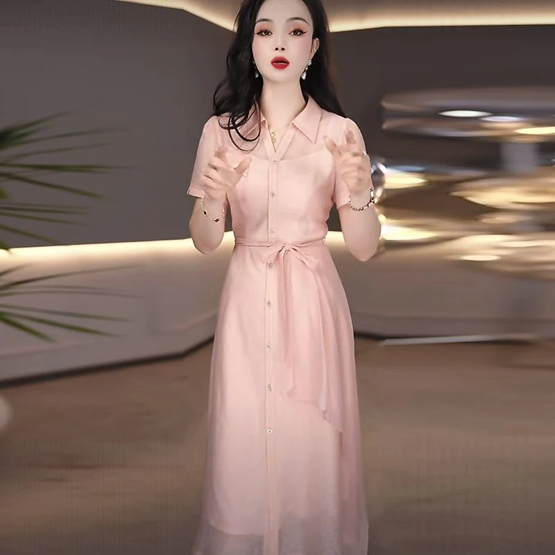 高级琉璃丝时尚洋气百搭碎花假两件礼服裙2025春夏新款显瘦连衣裙