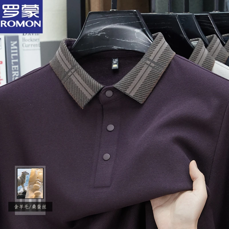 罗蒙春秋含桑蚕丝羊毛男士卫衣长袖中年纯色爸爸装polo衫体恤翻领
