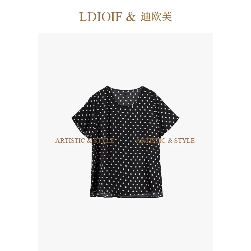 迪欧芙I 固色波点印烫 / 几何纹提花缎 圆领短袖小衫#XSY18403