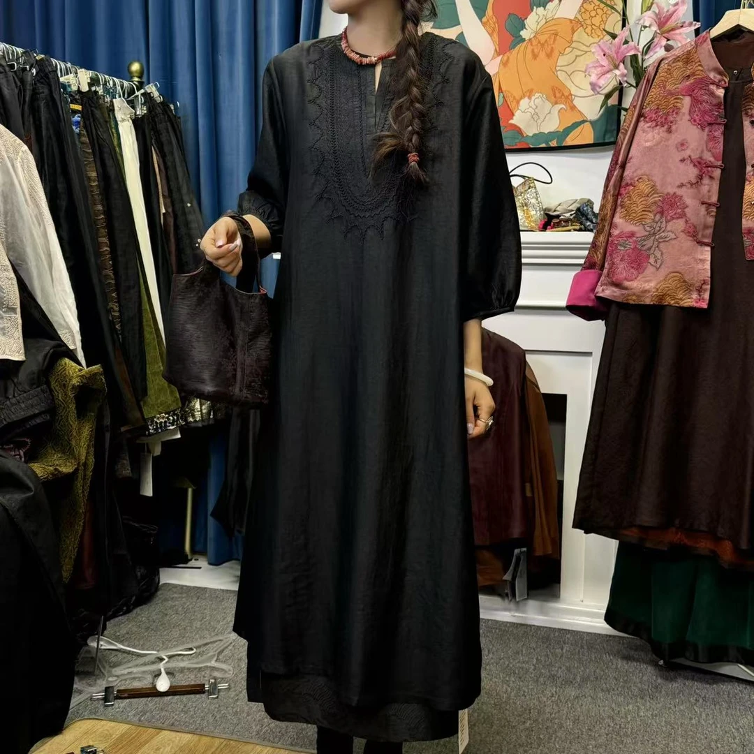 卡中长款香云纱桑蚕丝新中式气质时尚连衣裙宽松黑色复古高端国风