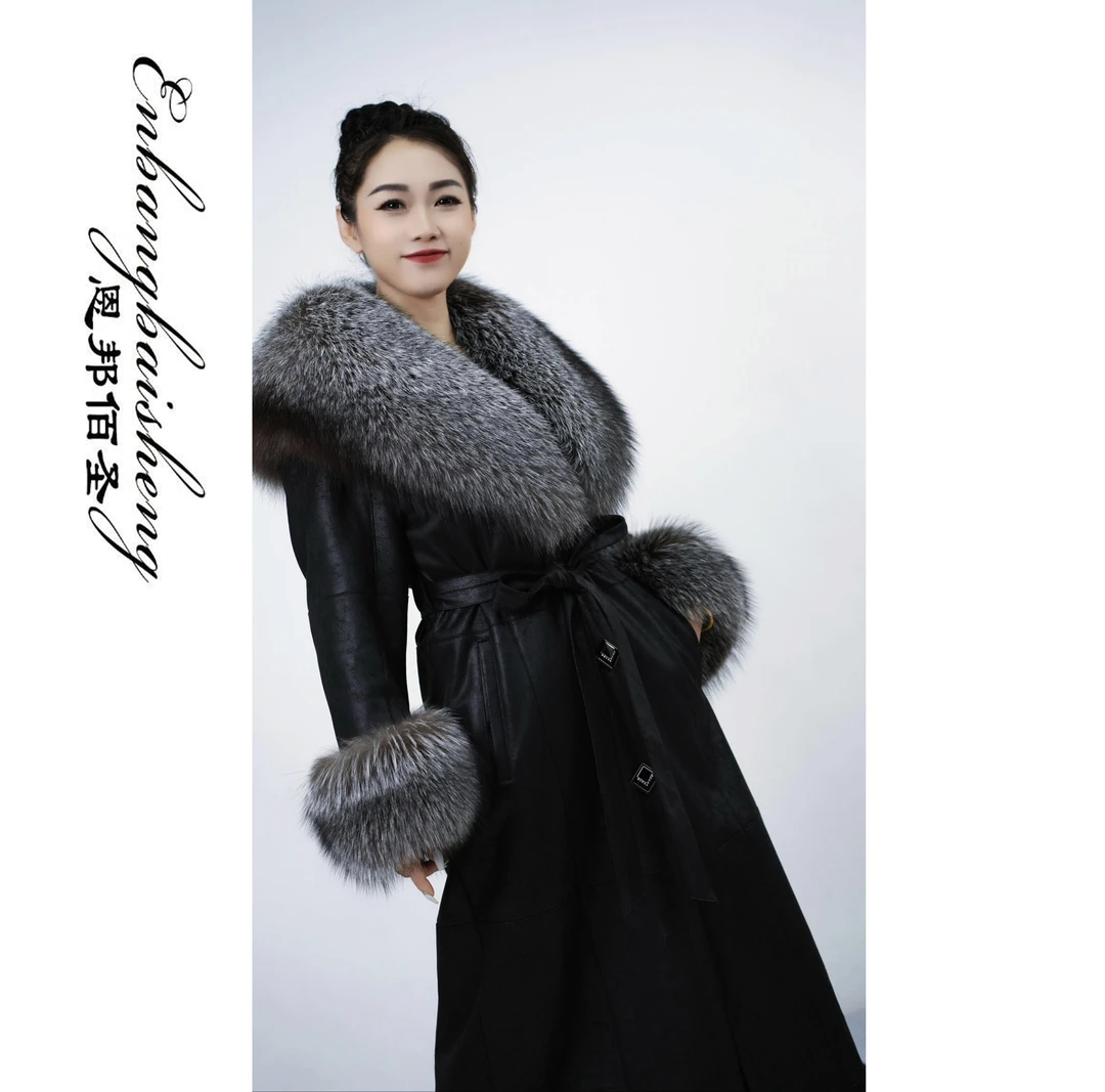 恩邦佰圣老钱风高端轻奢修身长款超大银蓝狐狸大披肩女装皮草外套