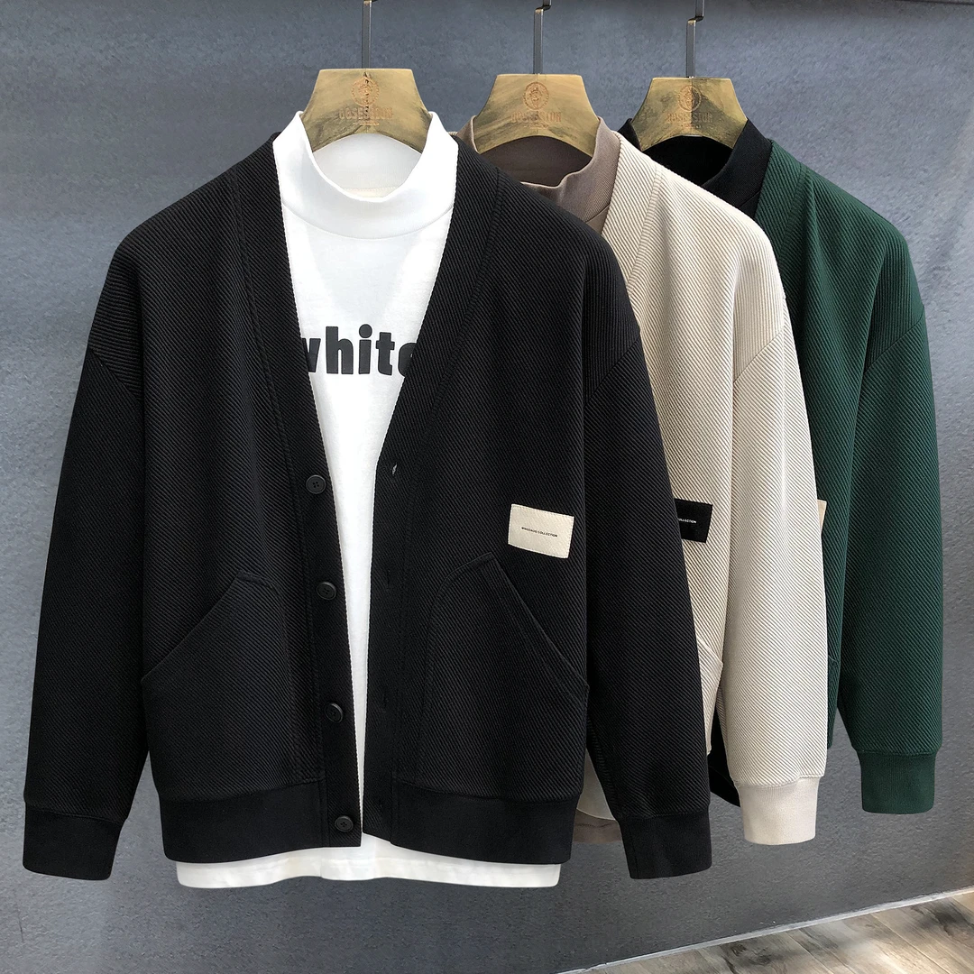 轻熟风帅气开衫卫衣男款春秋季新款日系潮流纯色宽松针织衫外套潮