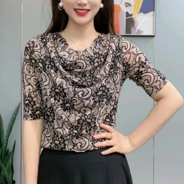 常规款堆堆领长袖樱花网纱女T恤宽松春夏时尚国风气质百搭