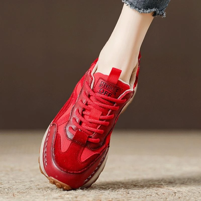 复古风超轻便厚底女鞋柔软皮质圆头春季红色运动老爹鞋