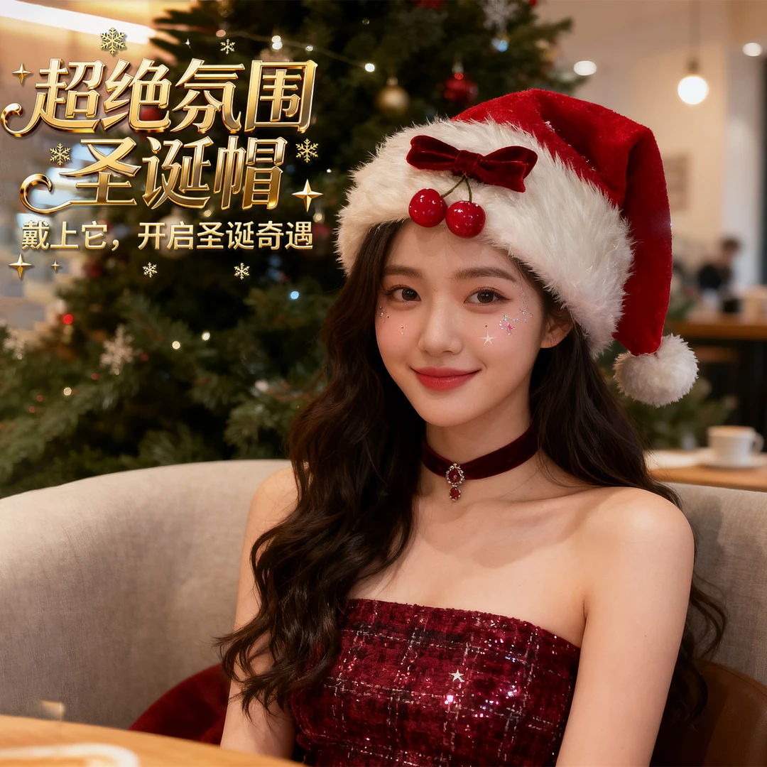 圣诞节装饰品创意主题装扮蝴蝶结圣诞帽子氛围感拍照道具可爱毛绒