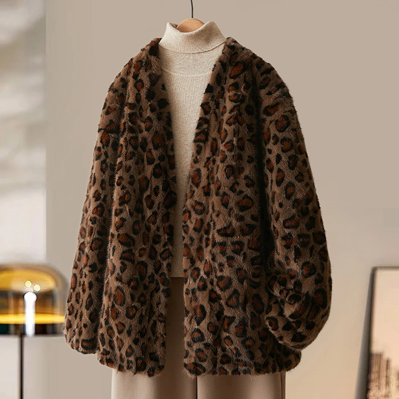 豹纹真貂皮V领水貂毛皮草女2025年轻款爆款貂皮大衣女中长款冬季