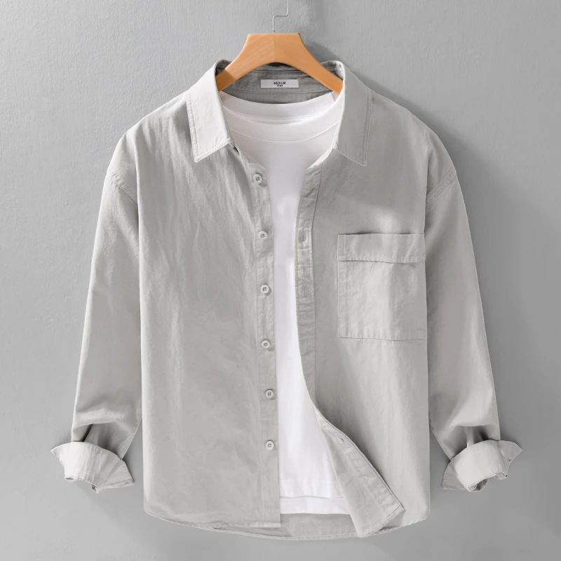 纯色水洗长袖对襟常规款日系衬衫男装春秋上衣宽松百搭休闲衬衣潮