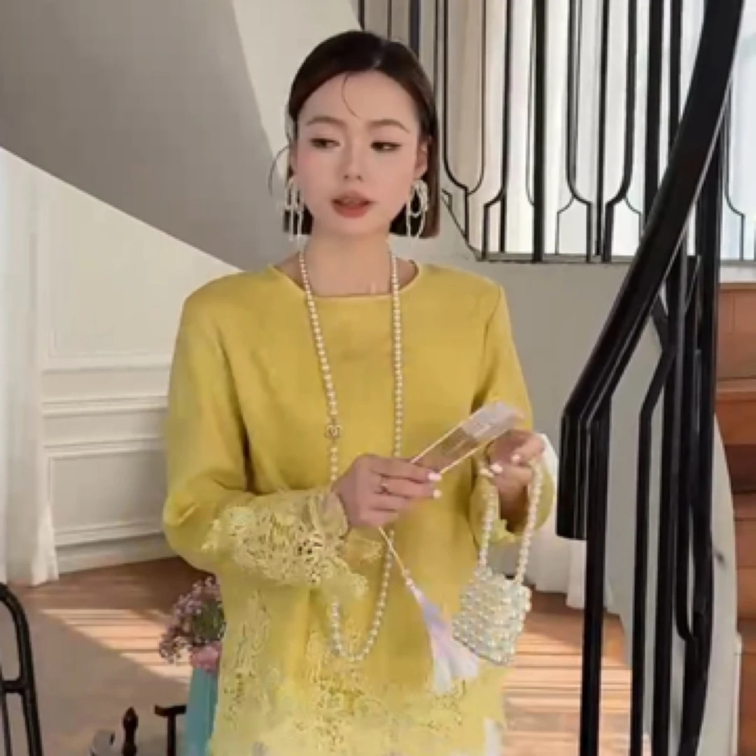 中式国风亚麻圆领蕾丝小衫6082