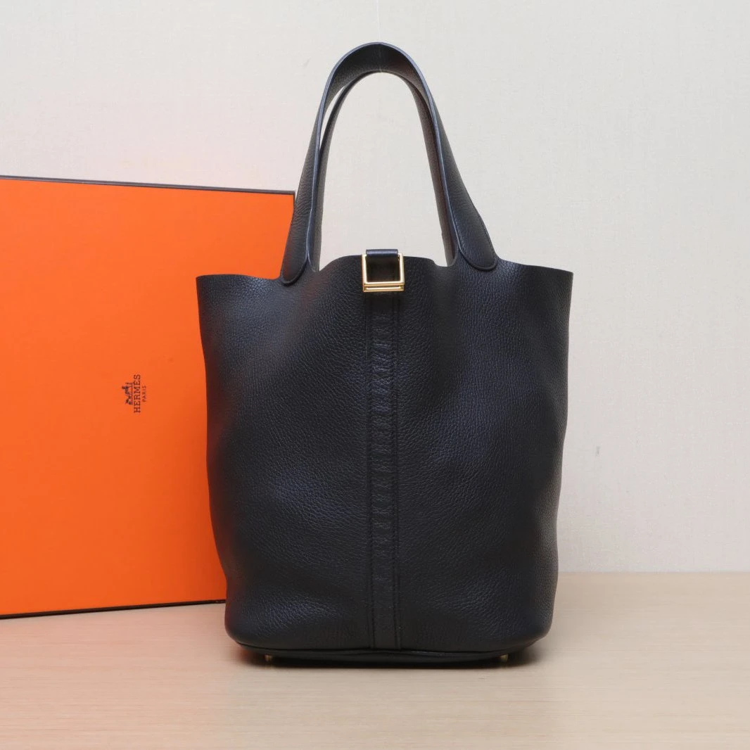 95新 Hermes/爱马仕 【黑黑】26 菜篮子 黑色 TC皮 C刻 金扣