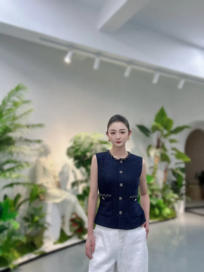 剀剀莉（蓝色妖姬）人丝雪花纱藏蓝色重工手工花边气质减龄小香马甲