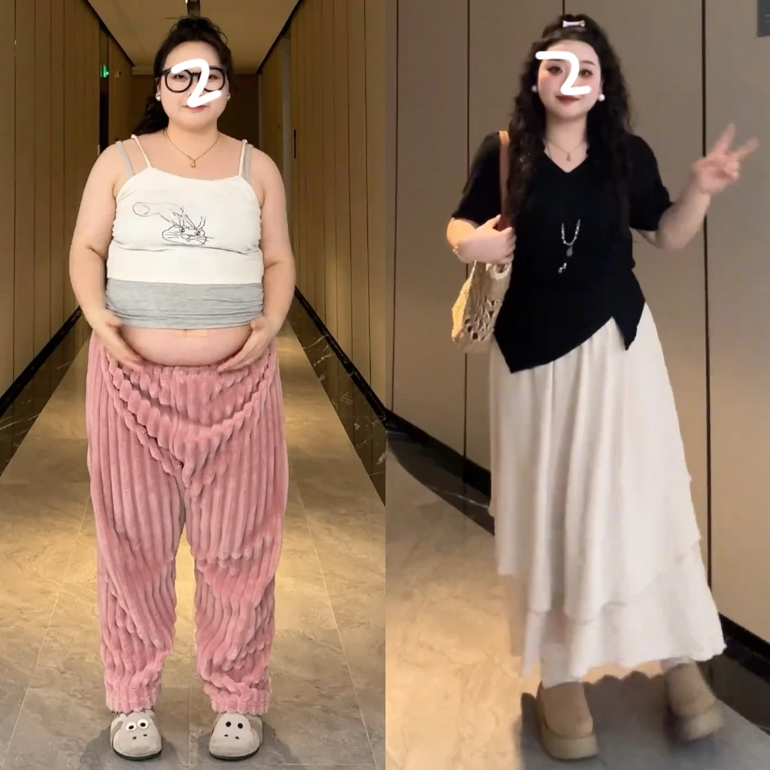 大码V领不规则短袖T恤夏季胖mm高腰显瘦半身长裙气质高级感两件套