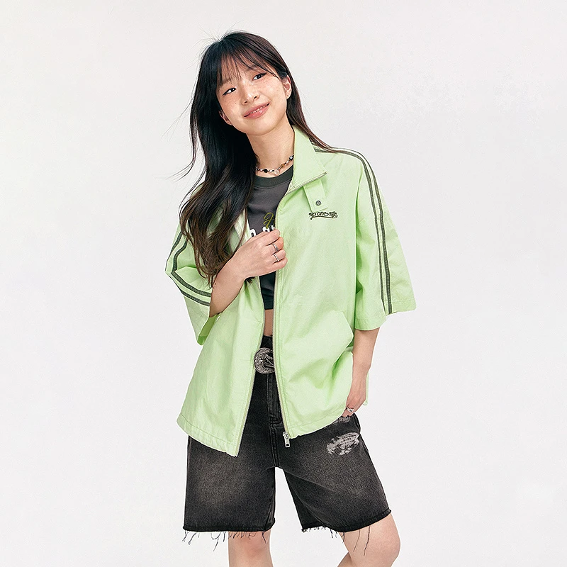 NO ONE ELSE美式复古女装夏季抽绳宽松立领短袖夹克字母刺绣外套