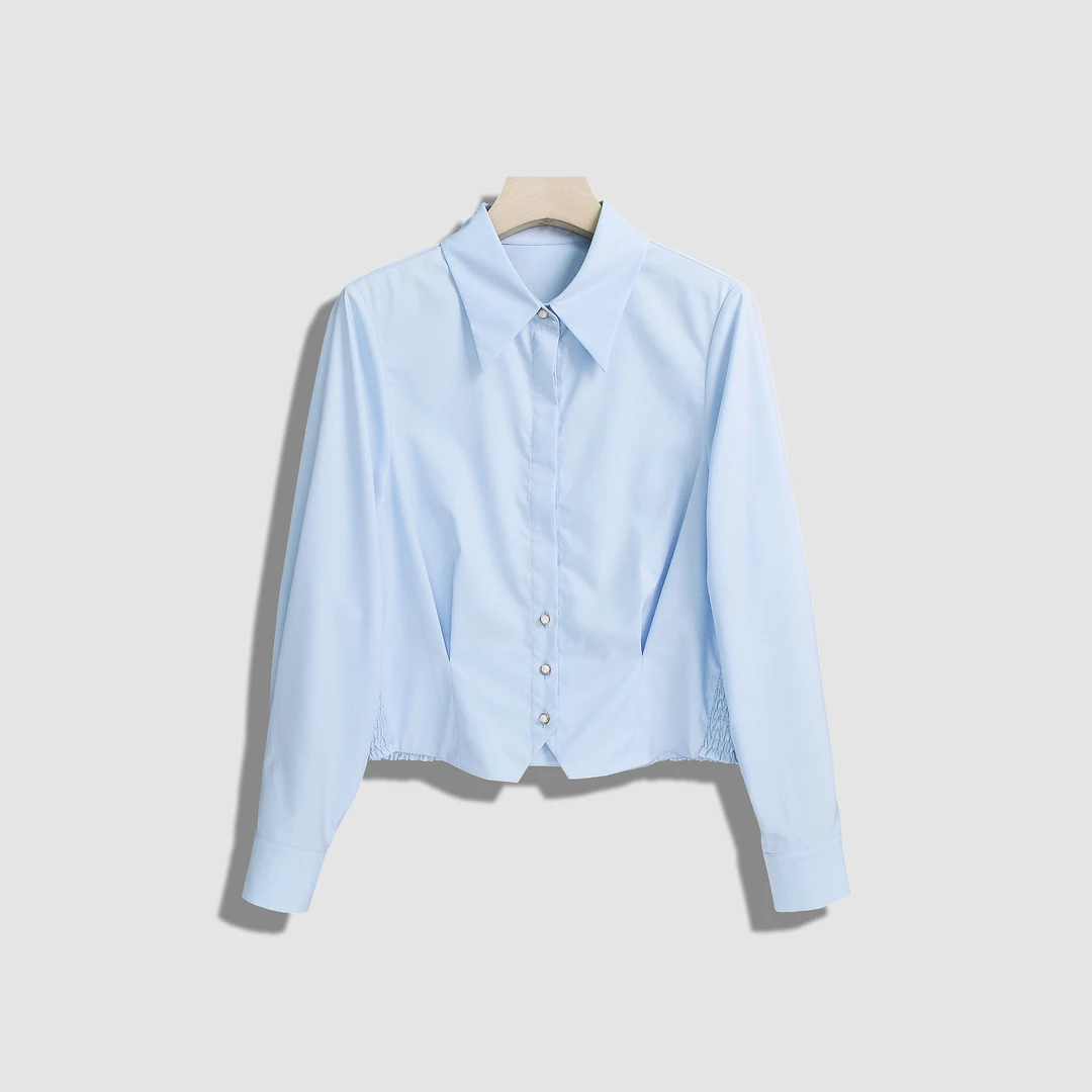 【荣荣】气质纯色翻领褶皱长袖衬衫-Y14535