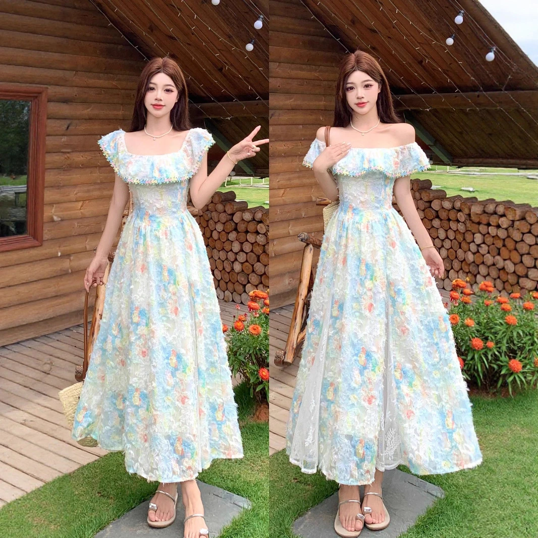 xtdm961法式复古方领碎花长裙2025夏季新款甜美海边度假风连衣裙