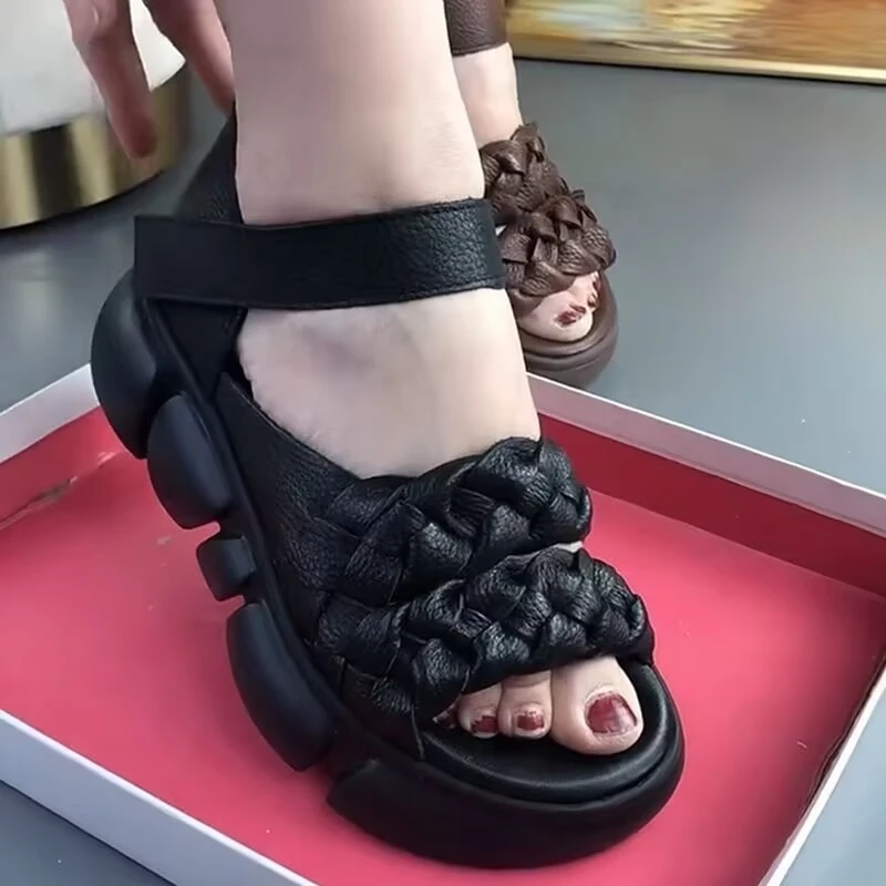 复古编织时尚女鞋2025夏季新款厚底露趾松糕底百搭凉拖鞋