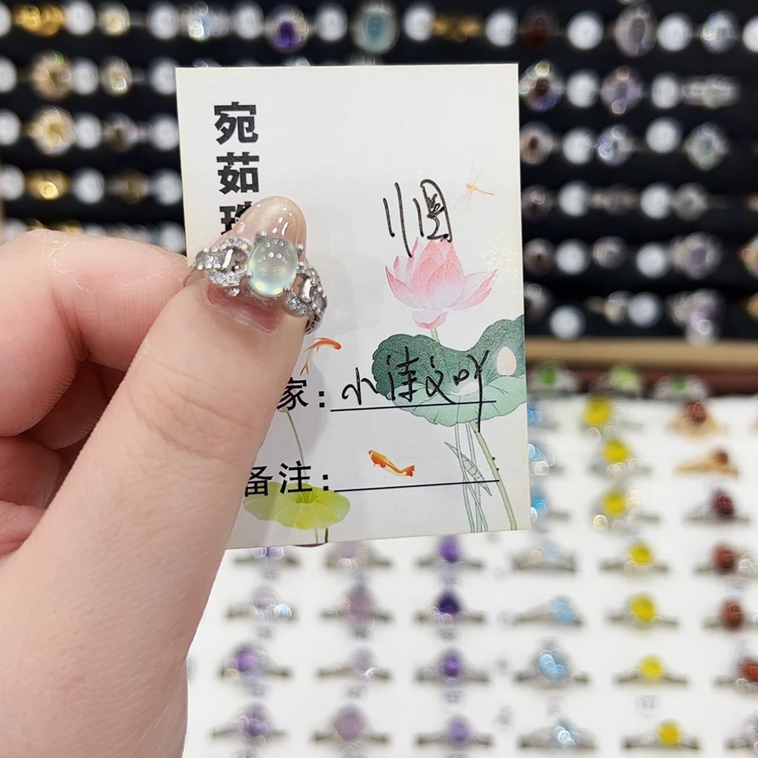 蛇纹石玉银S925镶嵌戒指?****吖戒指