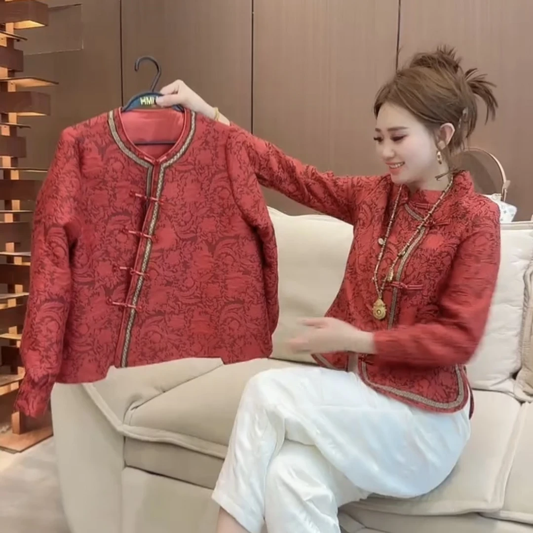 冬季新中式重工盘扣提花长袖衬衫女复古立领修身显瘦百搭中国风