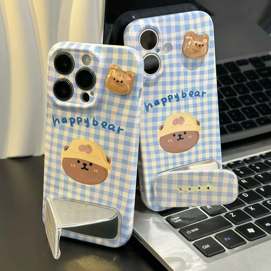 可爱小熊公仔镜子支架适用苹果16promax手机壳华为vivo小米15oppo