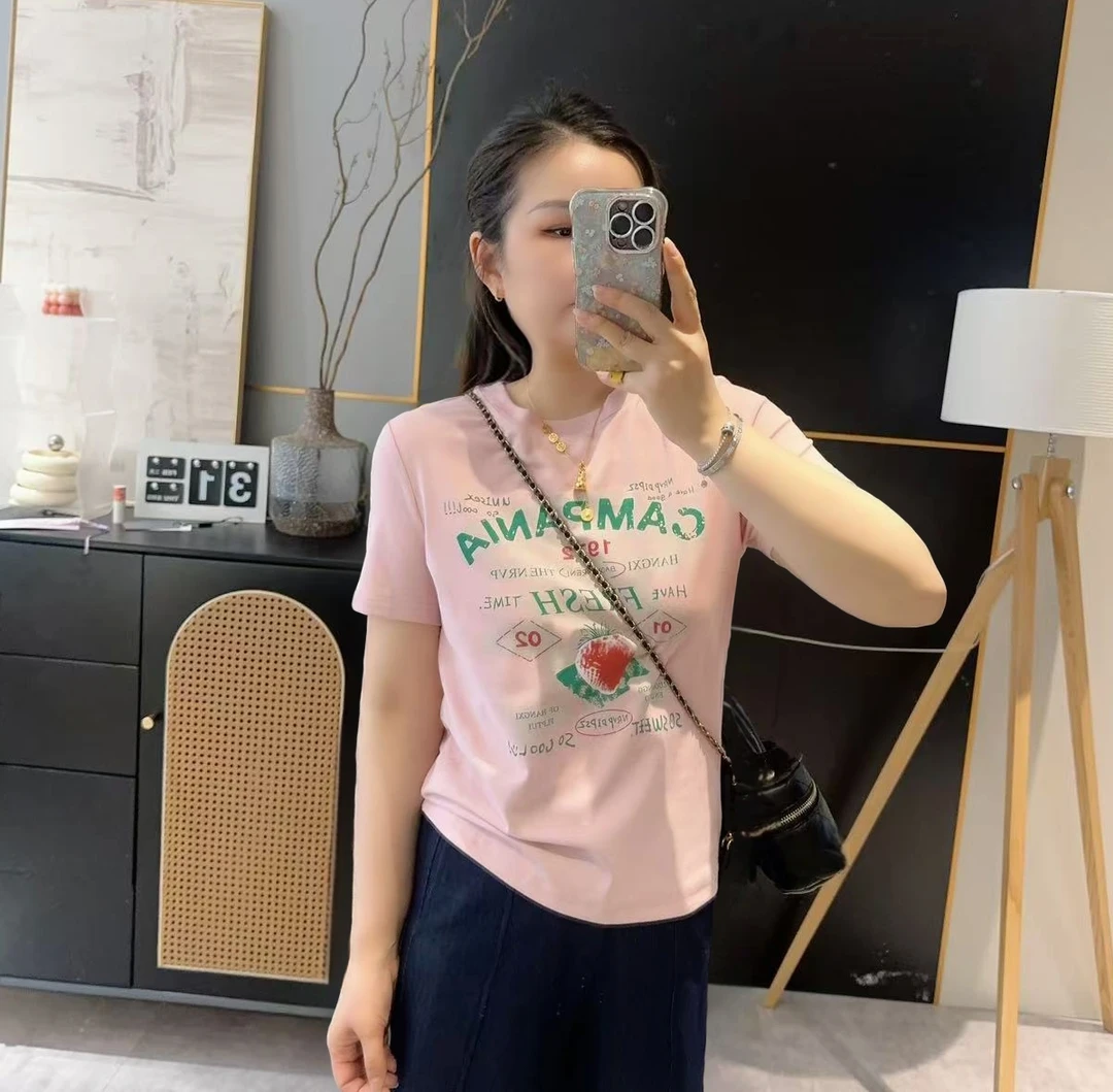 【欧加粒粒】2025夏季韩系减龄复古草莓印花显瘦弹力短袖T恤 H82509