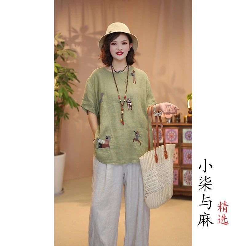 【小柒与麻】100%进口干洗亚麻满绣穿线文艺小衫（衣长65胸围128）