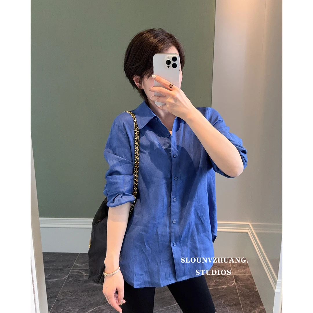 超火的亚麻衬衫女2025新款蓝色粉色长袖衬衣宽松休闲百搭上衣