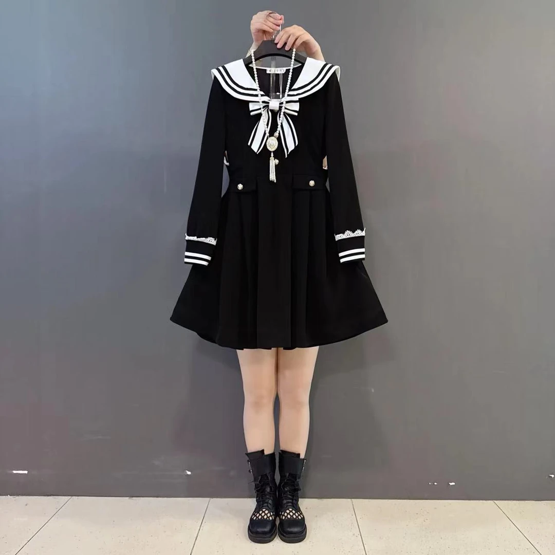 法式小香风海军领蝴蝶结装饰名媛大码气质连衣裙