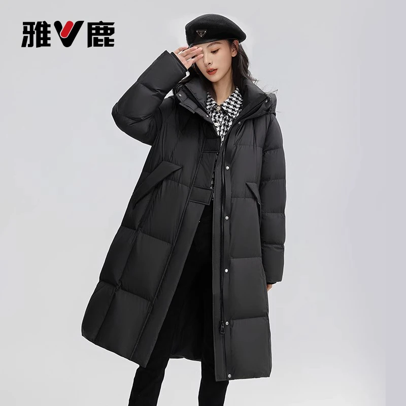 雅鹿2025秋冬新款连帽长款过膝加厚保暖显瘦羽绒服女保暖女装外套