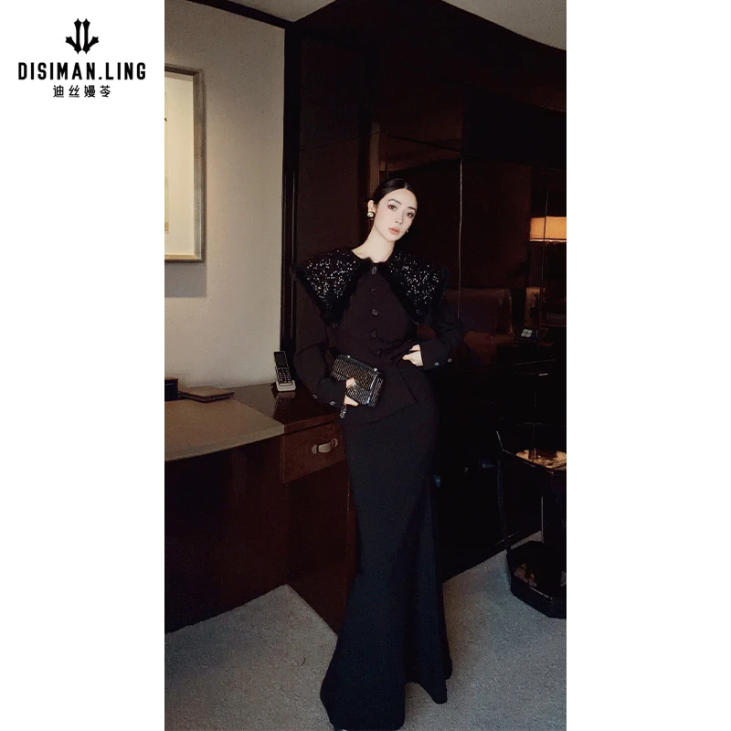 【迪丝嫚苓】黑色梭织套装小香风时尚修身原创设计优雅舒适小众秋冬