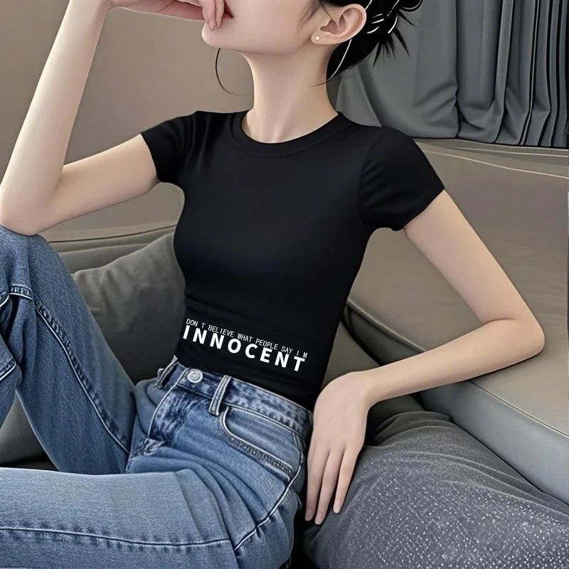 辣妹高腰短款露脐短袖t恤女夏季新款修身显瘦白色小圆领印花上衣