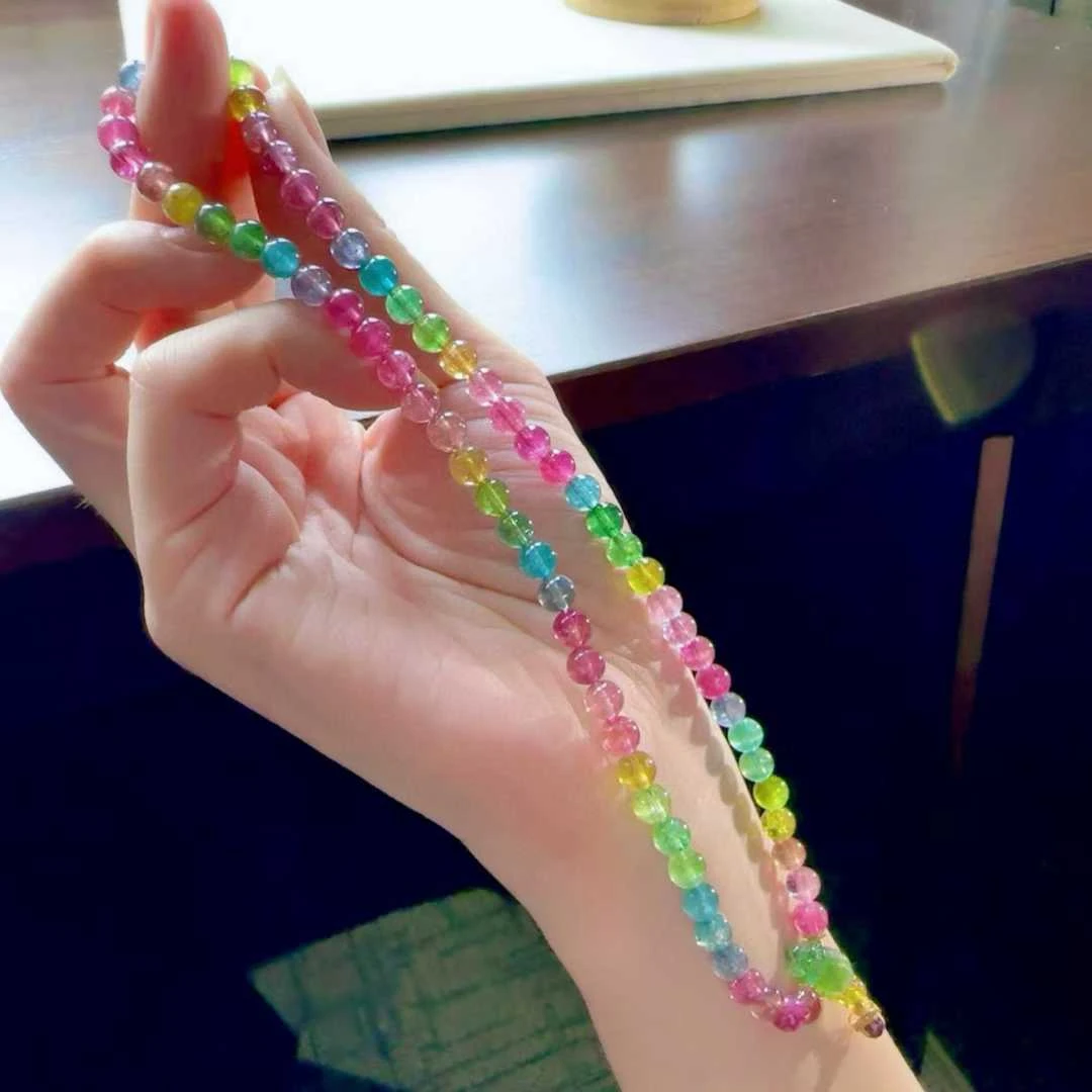 天然真品彩虹碧玺手串双圈5.9mm22.6g正品碧玺多圈手链女旺夫石