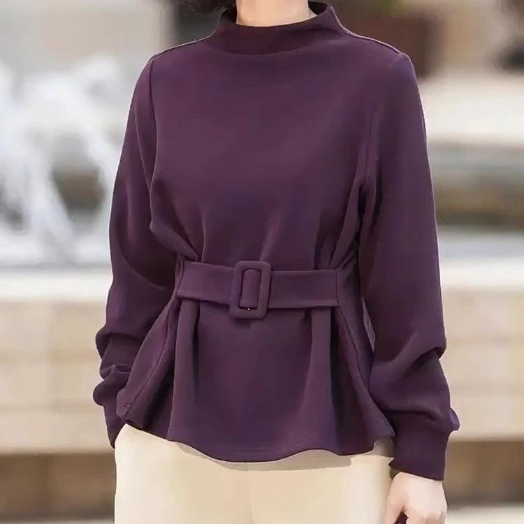 韩系时髦气质百搭中高领长袖套头显瘦秋冬新款腰带设计感收腰洋气