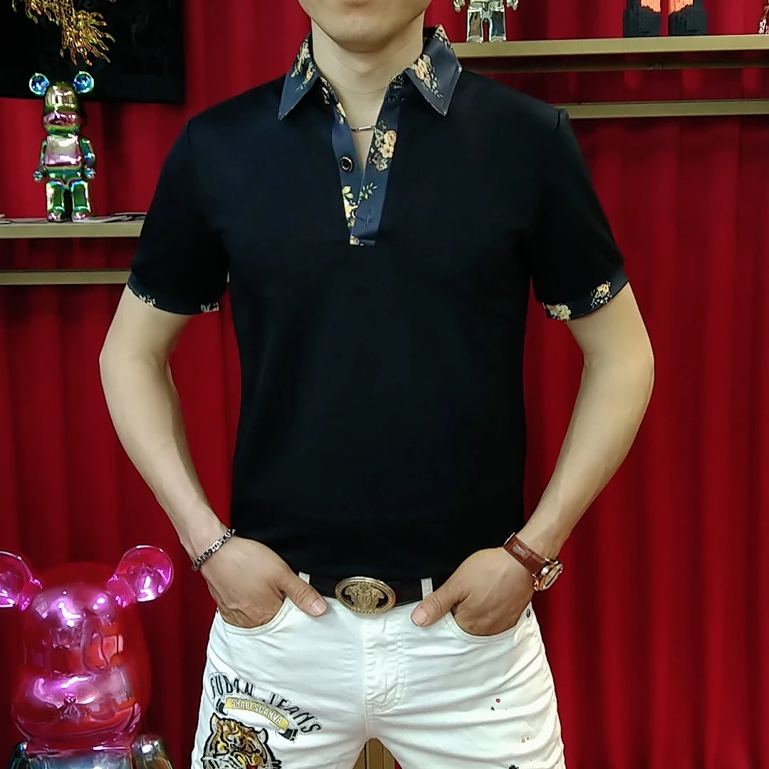 2025夏季新款时尚休闲男士碎花翻领polo衫帅气修身百搭短袖T恤潮