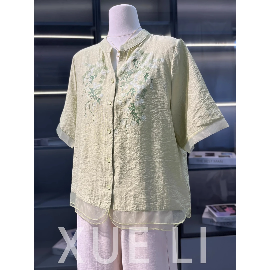 妈妈短袖2025新款衬衫大码上衣印花衬衫高端中老年女夏季套装