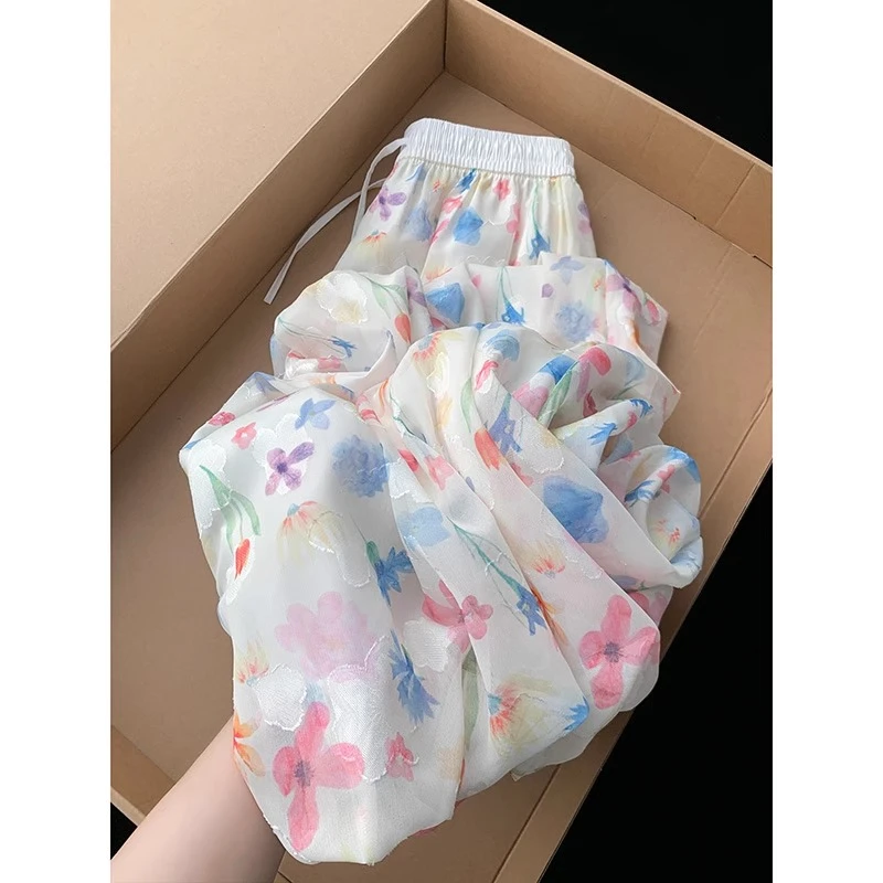 冰丝碎花裙裤女夏季薄2025年新款高腰显瘦花苞裤小个子休闲阔腿裤