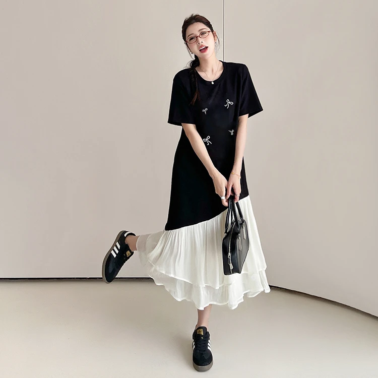 2025夏新款/长款大码不规则拼接纱重工烫钻短袖连衣裙