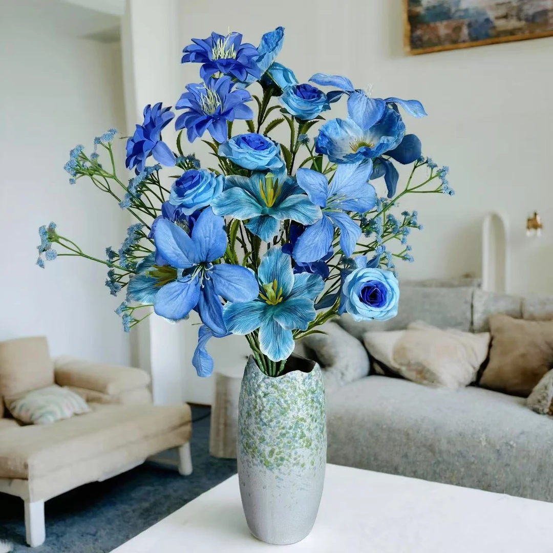 深蓝色系西河莲郁金香茶玫瑰虞美人满天星搭配式仿真花束家居摆件