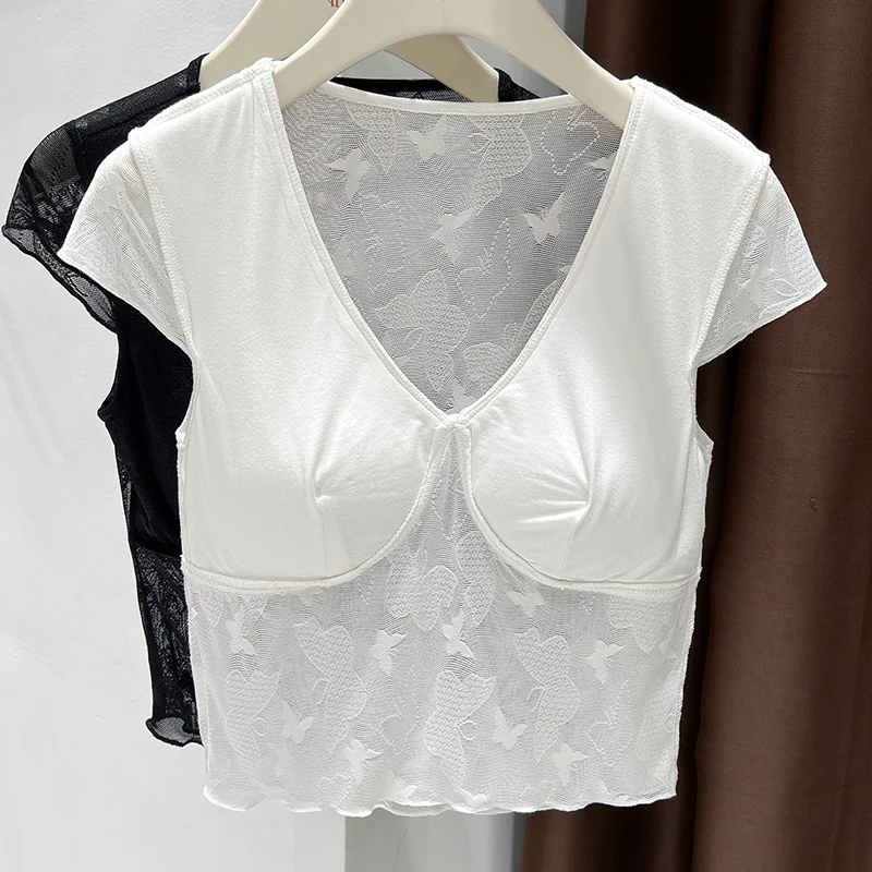 纯欲V领网纱透视打底衫女款爆款2025新款带胸垫一体蕾丝短袖上衣