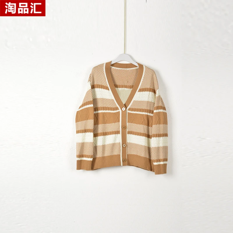 【Ｙ专柜捡漏】大码女装QaC-宽松外穿毛衫开衫外套3240-咖白条大一码