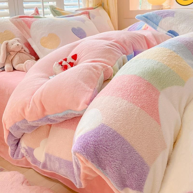 水星高端家纺冬季加厚牛奶绒四件套加绒保暖雪花绒被套法兰绒床单