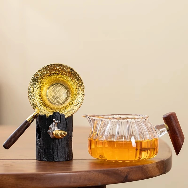 日式竖纹耐热玻璃公道杯合金茶漏一体高档木把分茶器加厚家用茶海