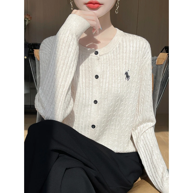 100秋冬开衫女刺绣麻花圆领系扣长袖休闲简约外套洋