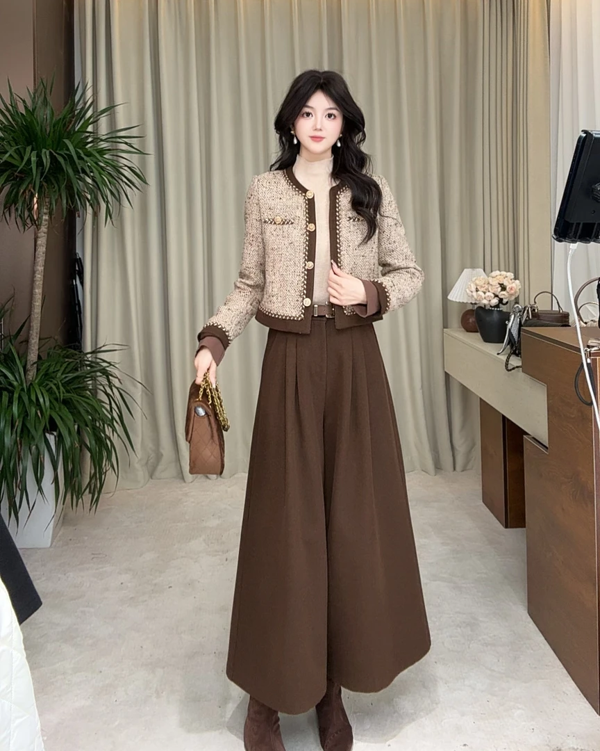 【加棉上衣+咖色裤子】2025秋冬新款小香风气质洋气轻奢长袖套装