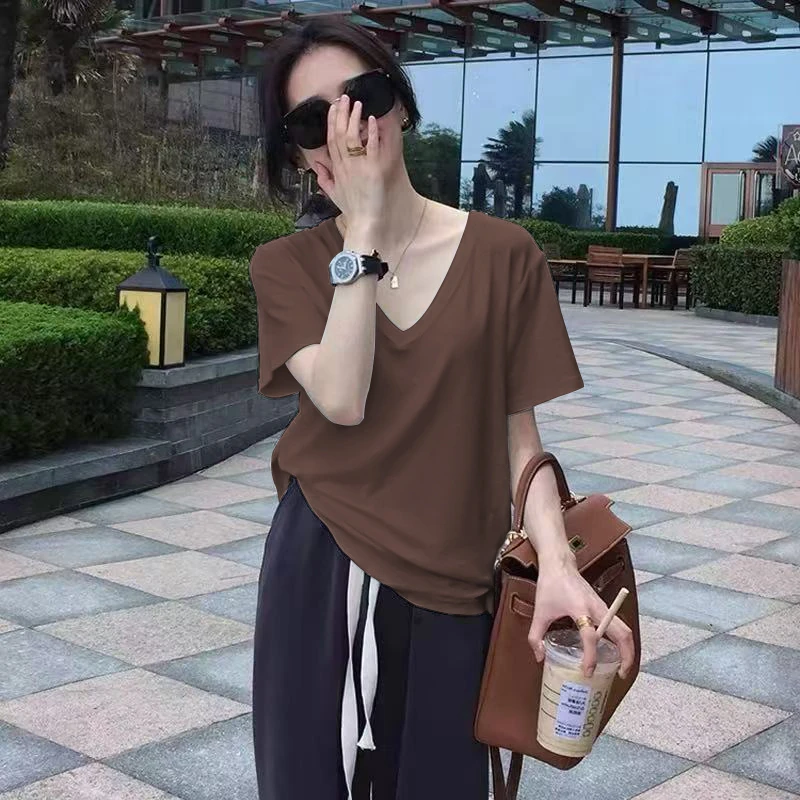 2025新款v领上衣t恤女白色宽松棉质短袖显瘦夏季休闲纯色时尚内搭