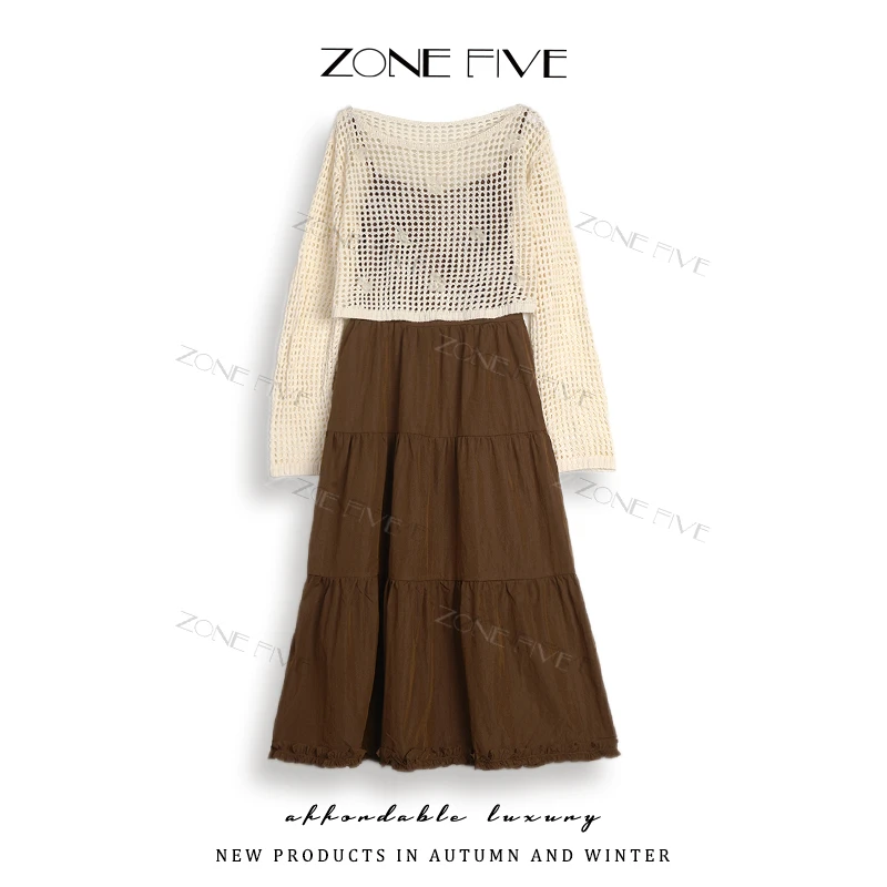 【zonefive】早秋新款时尚设计感小众镂空长袖+吊带连衣裙两件套